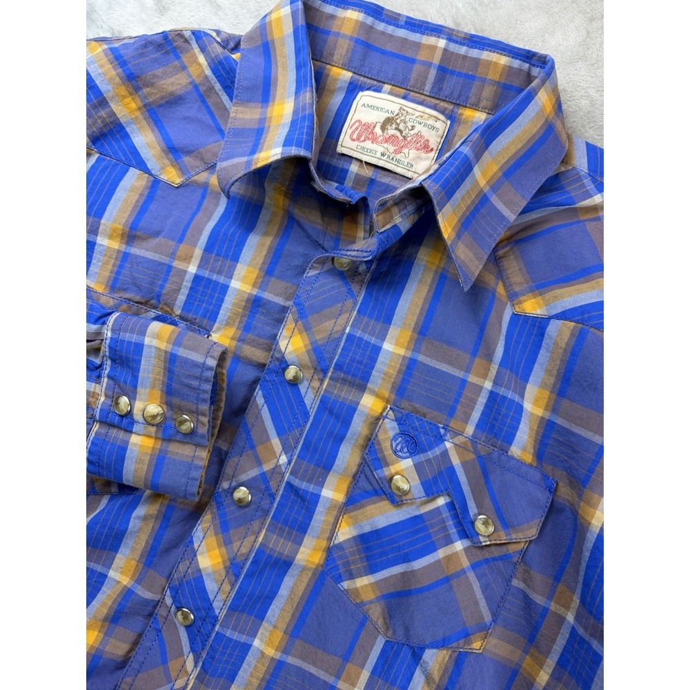 Vintage Wrangler Shirt Men's M Pearl Snap Western Blue‎ Plaid Cowboy Rodeo USA